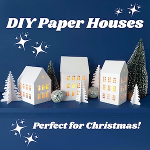DIY Christmas Village Set Houses & Trees, Eco-Friendly White Paper Houses, Adult Craft Hygge Christmas Decor Modern Scandi Winter Decoration