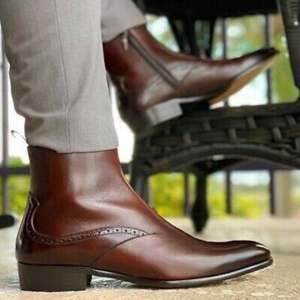 Men's Handmade Brown Brogue Formal Side Zipper Ankle Boots | Party Wear Boot | Men's Genuine Leather Dress Up Formal Wear Boot