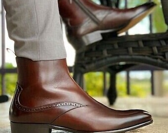 Handmade Brown Leather Brogue Boots | Men's Side Zipper Ankle Boots