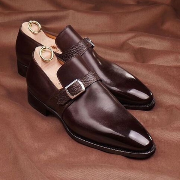 Men's Handmade Dark Brown Single Monk with Shark Skin Straps Dress-Up Shoe | Men's Slip-on's Dress up Office Wear and Wedding Wear Shoe