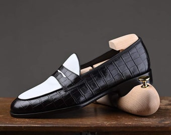 Handmade Two-Tone Leather Loafers | Black & White Dress Shoes