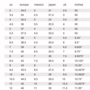 Puede incluir: Una tabla de conversi&oacute;n de tallas de zapatos para hombres, con medidas en EE. UU., Europa, M&eacute;xico, Jap&oacute;n, Reino Unido y pulgadas. La tabla incluye tallas de EE. UU. 3 a 16, con medidas correspondientes.