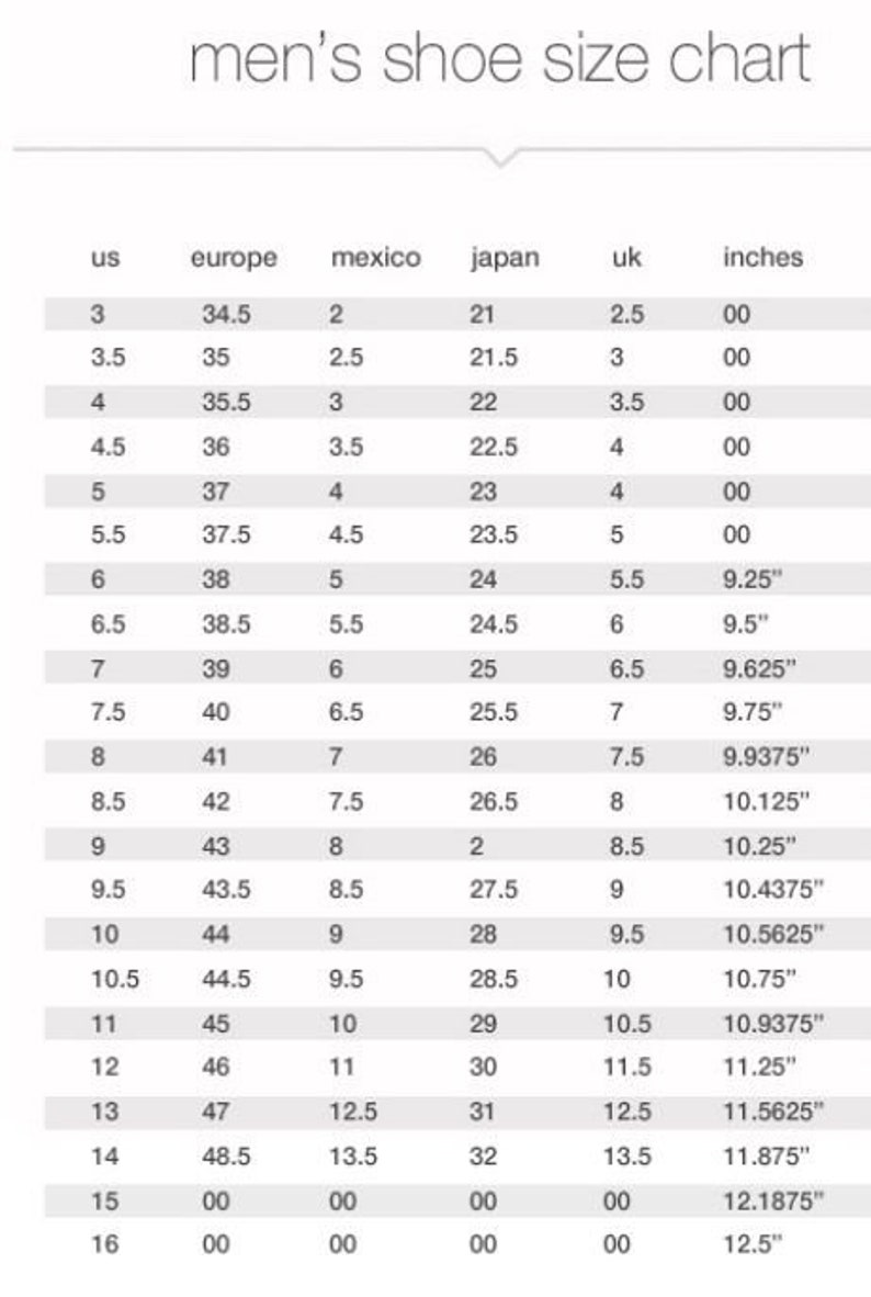 Puede incluir: Una tabla de conversi&oacute;n de tallas de zapatos para hombres, con medidas en EE. UU., Europa, M&eacute;xico, Jap&oacute;n, Reino Unido y pulgadas. La tabla incluye tallas de EE. UU. 3 a 16, con medidas correspondientes.
