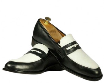 Mocasines de cuero bicolor hechos a mano / Zapatos de vestir en blanco y negro