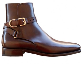 Bota Jodhpur de cuero tostado hecha a mano para hombre con correa de hebilla y ribete Goodyear