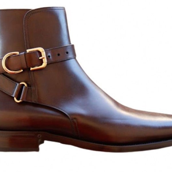 Men's Handmade Bespoke Tan Leather Jodhpur Boot | Side Strap Buckle Formal Footwear Boot | Party Wear Boot | Casual Goodyear Welted Boot