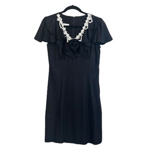 Vintage Jessica McClintock Gunne Sax 1990&#39;s Black with White Lace Knee Length Dress Size 7/8 Made in the USA