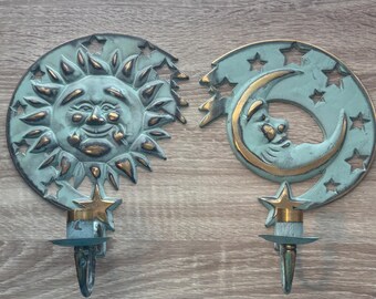 Vintage PartyLite Sun Moon Stars wandkandelaars paar 1994 metaal