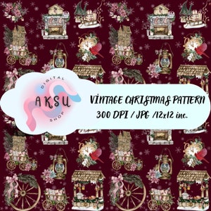 Vintage Christmas Digital Paper, Vintage Christmas Seamless Pattern, Christmas Background, Scrapbook Patterns, Commercial Use