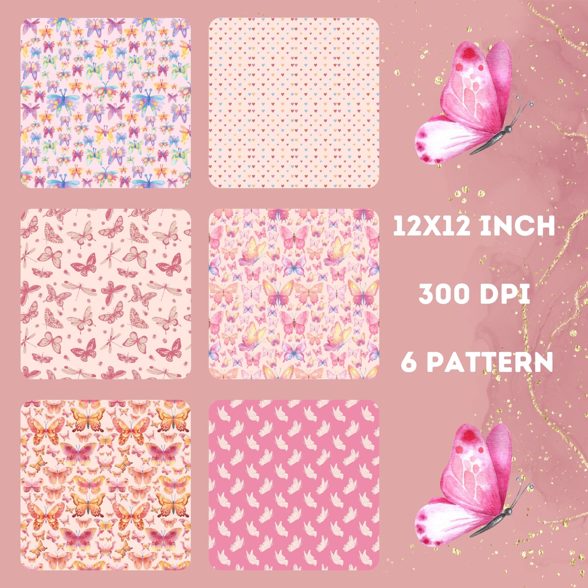 Watercolor Pink Butterflies Digital Paper Pack, Seamless Butterfly ...