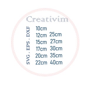 May include: A digital graphic featuring the text Creativim and SVG, EPS, DXF file formats. A list of measurements in inches includes 3.94, 4.72, 5.91, 6.69, 7.87, 8.66, 9.84, 10.63, 11.81, 13.78, and 15.75 inches, all enclosed in a pink circle.