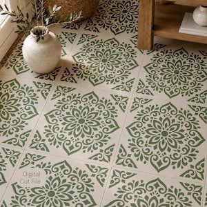 May include: A floor with a repeating green floral pattern on a cream background. The design is a digital cut file. A white vase with greenery sits near the floor. The floor tiles are square.