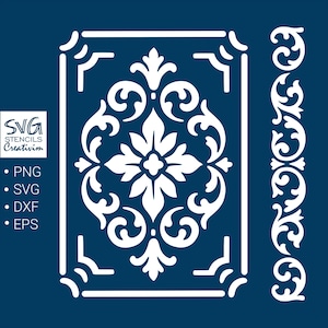 May include: White floral stencil design on a navy blue background. The design includes a central floral motif, corner accents, and a vertical border element. The text "SVG STENCILS Creativim" is in the upper left corner, with file type options listed below.