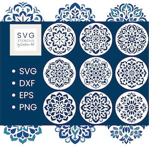 Könnte beinhalten: Ein Satz von 10 SVG-Schablonen mit filigranen Mandala-Designs in Weiß auf dunkelblauem Hintergrund. Der Text "SVG STENCILS by CreativeArt" befindet sich in einem weißen Rechteck oben im Bild. Der Text "SVG, DXF, EPS, PNG" ist in weißer Schrift auf der linken Seite des Bildes aufgelistet.