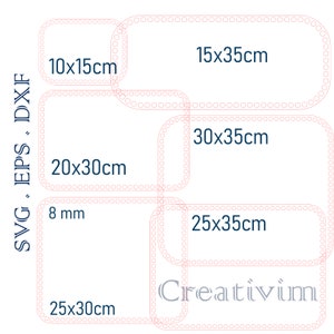 May include: A digital file set containing SVG, EPS, and DXF formats featuring six rectangular outlines with rounded corners and hole patterns. Dimensions include 10x15cm, 15x35cm, 20x30cm, 30x35cm, 25x35cm, 25x30cm, and an 8 mm hole spacing measurement.
