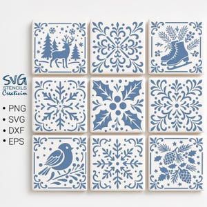 Könnte beinhalten: Neun weiße quadratische Fliesen mit blauen Wintermotiven. Die Designs umfassen einen Hirsch, Schneeflocken, Schlittschuhe, einen Vogel und dekorative Muster. Der Text "SVG Stencils Creativim" befindet sich links, mit den Dateitypoptionen: PNG, SVG, DXF und EPS.