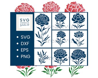 8 Stencil Peony SVG, DXF, cut files svg, eps, png, Flowers stencils SVG, Files for Cricut, Silhouette, Cameo, commercial use