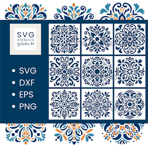 Tile stencil, Mexican tiles, Spanish tiles, digital SVG DXF PNG Silhouette Cricut Cameo laser cnc cut files instant download, commercial use