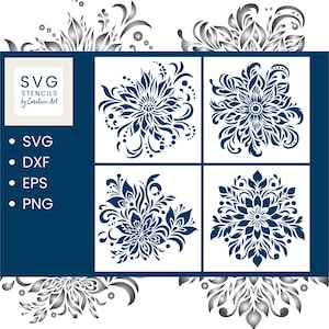 Op de afbeelding: Een set van vier SVG-stencilontwerpen met ingewikkelde bloemmotieven. De ontwerpen zijn donkerblauw van kleur en zijn gerangschikt in een rasterformaat. De tekst "SVG Stencils by Creative Art" wordt weergegeven in een wit vakje in de linkerbovenhoek van de afbeelding.