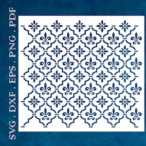 Könnte beinhalten: Ein weißer digitaler Download eines sich wiederholenden Musters mit blauen Fleur-de-lis und Blumenmotiven. Das Muster eignet sich für die Verwendung in Bastelarbeiten, Heimtextilien und anderen kreativen Projekten.