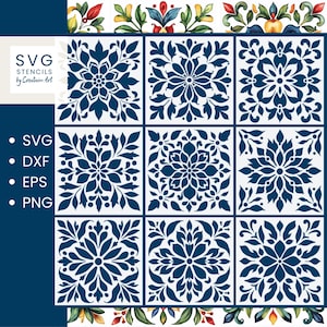 Puede incluir: Conjunto de nueve plantillas de azulejos florales azules y blancas. Las plantillas son de forma cuadrada y presentan diseños florales intrincados. Las plantillas son perfectas para crear un aspecto único y elegante en tu hogar.