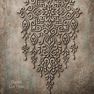 Könnte beinhalten: Eine beige Wandplatte mit Steintextur und einem erhabenen, symmetrischen Reliefmuster im Mandala-Stil, bestehend aus komplexen Schnörkeln, tropfenförmigen Elementen und floralen Motiven. Unten links steht der weiße Text Digital Cut Files.
