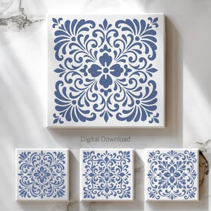 May include: White square tiles with a blue floral design. The tiles feature a symmetrical pattern of swirling leaves and flowers. The text "Digital Download" is visible on the image. The tiles are arranged on a white surface.