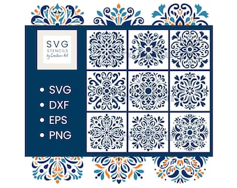 Plantilla para azulejos, azulejos mexicanos, azulejos españoles, archivos digitales SVG DXF PNG para Silhouette, Cricut Cameo, corte láser CNC, descarga instantánea, uso comercial.