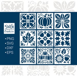 May include: A dark blue image showcasing nine square stencils with autumn designs. The stencils depict a pumpkin, maple leaf, acorns, and floral patterns. The image also includes the text "SVG Stencils Creativim" and file type options.