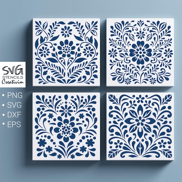Folk Tile Stencil SVG, Floral Tile Pattern, Mexican Talavera Style, Boho Tile, Cricut Laser Cut File, cnc, cut files instant download