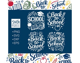 Puede incluir: Gráfico azul marino con las palabras blancas «Back to School», acompañado de ilustraciones escolares como manzanas, libros, lápices y mochilas. La imagen también incluye el logotipo de SVG Stencils Creativim y opciones de tipo de archivo.