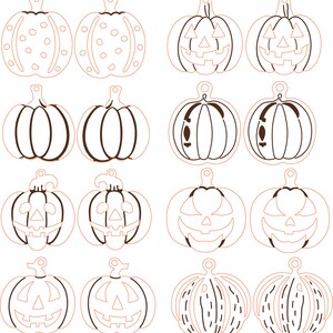 Peut inclure: Seize d&eacute;coupes de citrouilles de diff&eacute;rentes formes, bord&eacute;es de marron. Certaines pr&eacute;sentent des motifs &agrave; pois, des visages sculpt&eacute;s ou des lignes verticales. Chaque citrouille a un petit trou en haut pour &ecirc;tre suspendue, parfait pour Halloween.