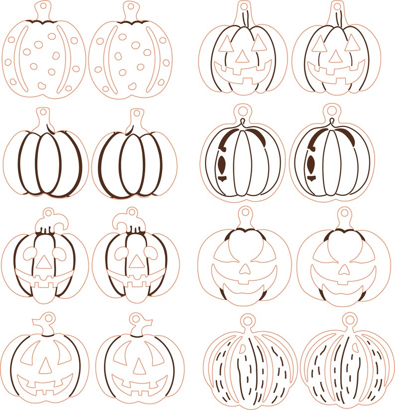 Peut inclure: Seize d&eacute;coupes de citrouilles de diff&eacute;rentes formes, bord&eacute;es de marron. Certaines pr&eacute;sentent des motifs &agrave; pois, des visages sculpt&eacute;s ou des lignes verticales. Chaque citrouille a un petit trou en haut pour &ecirc;tre suspendue, parfait pour Halloween.