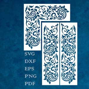Puede incluir: Un conjunto de cuatro archivos de corte digital con un diseño de paisley. Los archivos están disponibles en los formatos SVG, DXF, EPS, PNG y PDF.