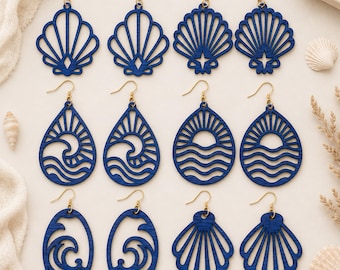 Lot de boucles d'oreilles côtières SVG, boucles d'oreilles de plage, boucles d'oreilles d'été, océan, coquillage vague soleil, découpe laser, Cricut, cnc