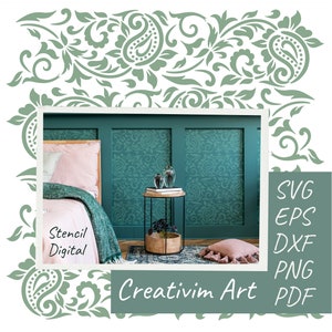 May include: A teal green wall with a paisley pattern stencil design. The stencil is used to create a decorative accent wall in a bedroom. The text "Stencil Digital" and "Creativim Art" are visible in the image. The image also includes the file formats available for download: SVG, EPS, DXF, PNG, and PDF.