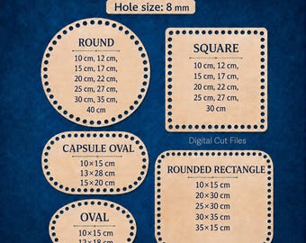 May include: Wooden basket bases with 8 mm holes, featuring round, square, capsule oval, oval, and rounded rectangle shapes. Text lists various sizes in centimeters for each shape, ranging from 10 cm to 40 cm. The image also includes the text Digital Cut Files.