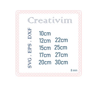 May include: A square digital template featuring a red outline with a circular border pattern. The text Creativim is displayed at the top, with SVG, EPS, DXF listed vertically. Sizes include 10cm, 12cm, 15cm, 17cm, 20cm, 22cm, 25cm, 27cm, 30cm, and 8 mm.
