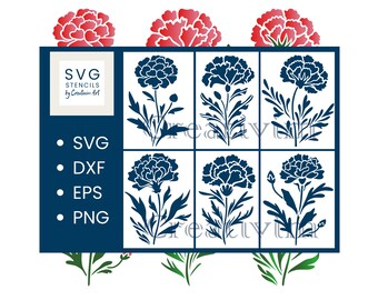 6 Stencil Carnation SVG, DXF, cut files svg, eps, png, Flowers stencils SVG, Files for Cricut, Silhouette, Cameo, commercial use