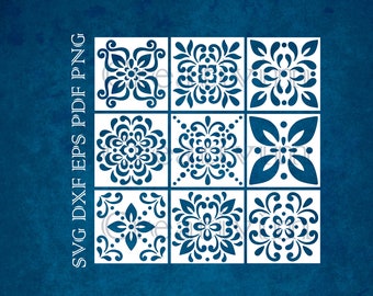 Plantilla de azulejos Curl, azulejos mexicanos, azulejos españoles, archivos digitales SVG DXF PNG para Silhouette Cricut Cameo, archivos de corte láser CNC, descarga instantánea