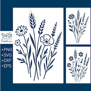 Puede incluir: Un diseño de plantilla floral azul marino y blanco con varias ilustraciones de flores y plantas. El diseño incluye el texto "SVG Stencils Creativim" y opciones de tipo de archivo: PNG, SVG, DXF y EPS.