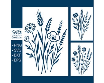 3 Wildflower Stencil SVG Bundle, Floral Stencil SVG, Meadow Flowers Stencil, Floral Cut Files for Cricut, Laser, cnc, instant download