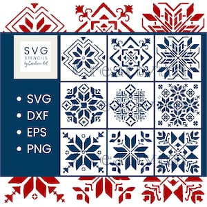 Puede incluir: Un conjunto de nueve plantillas de copos de nieve geométricos azules y blancos. Las plantillas están dispuestas en una cuadrícula de 3x3. El texto "SVG STENCILS by Creatin Art" está en la esquina superior izquierda. El texto "SVG, DXF, EPS, PNG" está en la columna de la izquierda.
