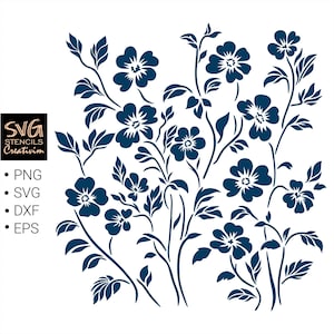 Może przedstawiać: Granatowy szablon z motywem kwiatowym z wieloma kwiatami i liśćmi na łodygach. Projekt zawiera tekst "SVG STENCILS Creativim" oraz opcje typu pliku: PNG, SVG, DXF i EPS.