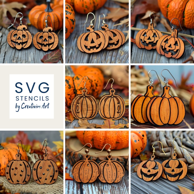 Peut inclure: Boucles d'oreilles en bois en forme de citrouille, parfaites pour Halloween. Les boucles d'oreilles pr&eacute;sentent des motifs de citrouilles sculpt&eacute;es avec diff&eacute;rentes expressions faciales et d&eacute;tails. Les boucles d'oreilles sont pr&eacute;sent&eacute;es avec des citrouilles en arri&egrave;re-plan.