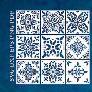 Pode incluir: Nove desenhos de azulejos brancos com padrões florais azuis intrincados. Os azulejos estão dispostos em uma grade de 3x3.