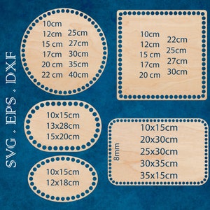 Può includere: Un foglio di legno con cerchi e quadrati di diverse dimensioni con misure in centimetri. Il testo "SVG, EPS, DXF" è scritto verticalmente sul lato sinistro del foglio.