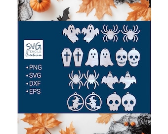 Lot de boucles d'oreilles Halloween, fantôme, tête de mort, araignée, cercueil, sorcière, découpé au laser, fichiers Cricut, modèles de bijoux, cnc, téléchargement immédiat