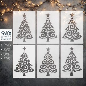 May include: Six Christmas tree stencils with star toppers and decorative swirl designs. The stencils are arranged in two rows of three on a grey background. The SVG Stencils Creativim logo is in the upper left corner.