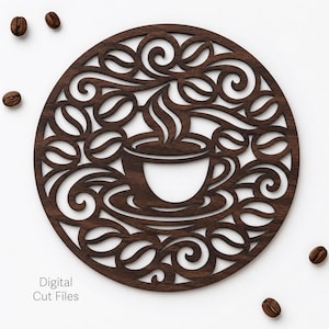 Coffee Cup Mandala SVG, Round Coffee Sign File, Laser Cut Kitchen Decor, Coffee Bean Wall Art, Wooden Coaster, Cricut, Laser Cut, cnc